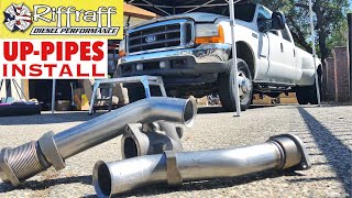 2001 F350 73  RiffRaff UpPipes Install  Stock up pipes leaking and falling apart JUNK SP [upl. by Lecram]