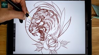 How to draw a Tattoo Design from Beginning to End  Neo Traditional Tiger Sketch [upl. by Shermy]